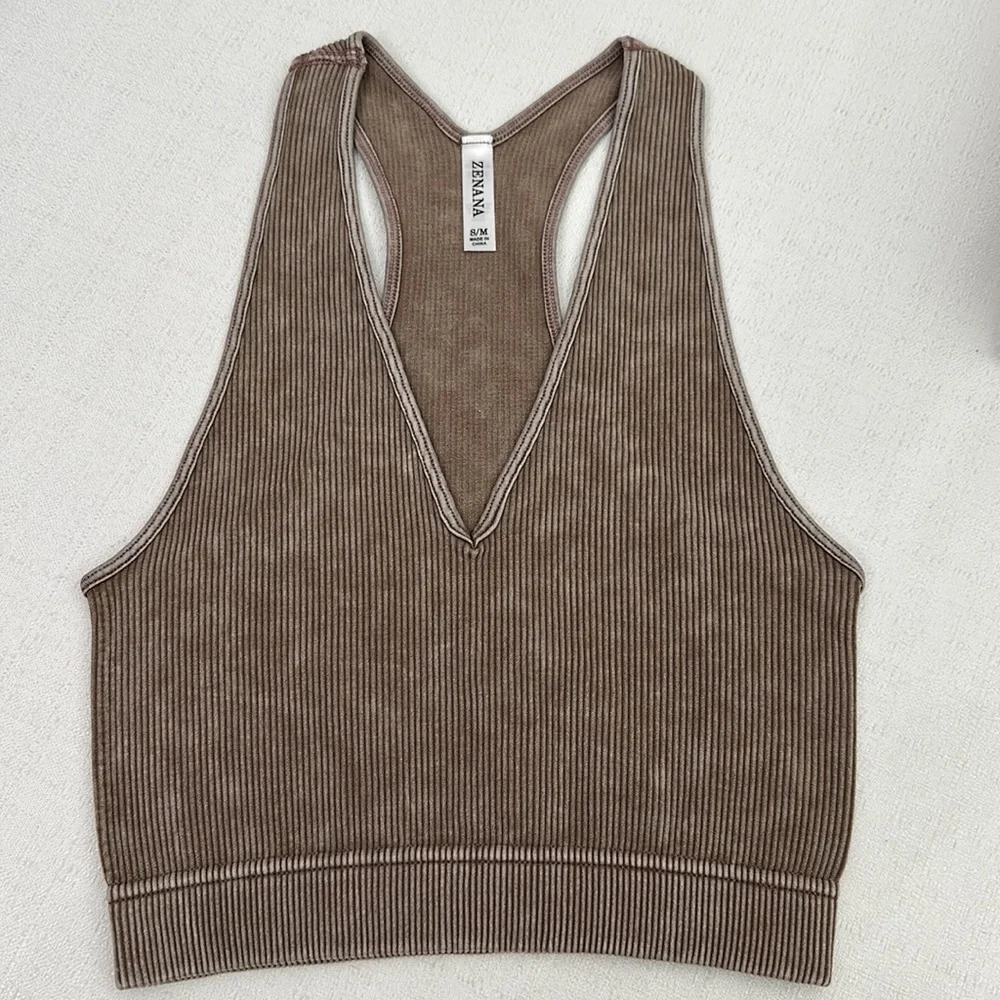 Mocha Stone Washed Cropped Ribbed Racerback Tank - Picture 3 of 7